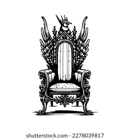 A majestic and intricate royal throne in black and white line art, Hand drawn with detail and precision, fit for a king or queen