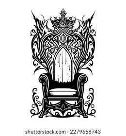 A majestic and intricate royal throne in black and white line art, Hand drawn with detail and precision, fit for a king or queen