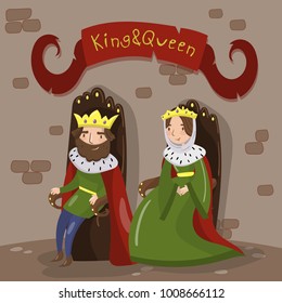 Majestic king and queen in golden crowns sitting on wooden thrones in castle, fairytale or medieval characters vector illustration in cartoon style design element for poster or banner