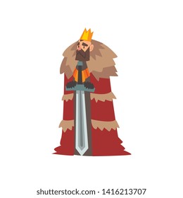 Majestic King in Red Mantle and Golden Crown, Medieval Historical Cartoon Character in Traditional Costume Vector Illustration
