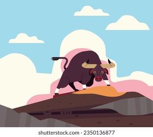 Majestic Kouprey Bull Grazing on Serene Hill with Dramatic Clouds in the Vast Wilderness, Flat Vector Design Illustration