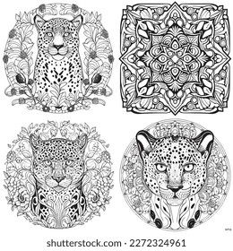 A majestic Leopard illustration in a stylish composition. Adult coloring book pages made freehand with doodle and Zentangle elements., Vector  illustration