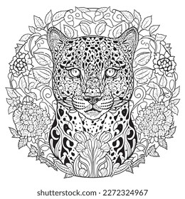 Una majestuosa ilustración de Leopard en una composición elegante. Páginas de libros de coloreo para adultos realizadas a mano libre con doodle y elementos Zentangle., Ilustración vectorial