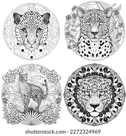 Una majestuosa ilustración de Leopard en una composición elegante. Páginas de libros de coloreo para adultos realizadas a mano libre con doodle y elementos Zentangle., Ilustración vectorial