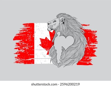 A majestic lion with a detailed mane stands proudly against a grunge-style Canadian flag, symbolizing strength, courage, and patriotism. The heart and soldier silhouette add a deep, meaningful touch.