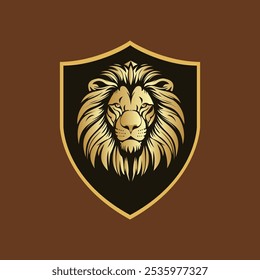 Majestic Lion Head Emblem on Dark Brown Shield Background
