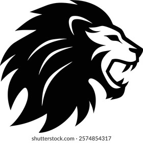 A majestic lion head silhouette showcasing the king of the jungle's strength and grace, ideal for logos, tattoos, home decor, and branding designs. lion, silhouette, head, animal, king, jungle, wild

