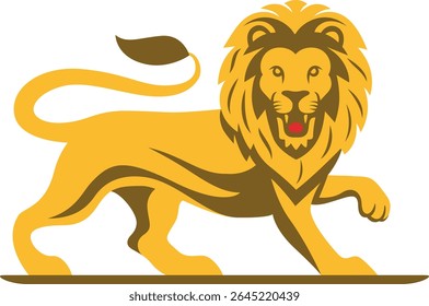 Ilustração de leão majestoso, leão dourado com juba, gráfico de animal selvagem rugido, força e símbolo de coragem, arte vetorial da vida selvagem