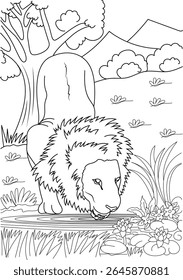 Majestic Lion with a Lush Mane Drinking Water from a Tranquil Pond with Lily Pads and Flowers - Intricate Safari Wildlife Scene Line Art - Great for Kids and Adults Coloring
