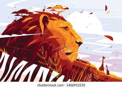 Majestic lion on safari vector illustration. King of beasts lying and giraffes walking flat style concept. Wild picturesque savannah landscape on background