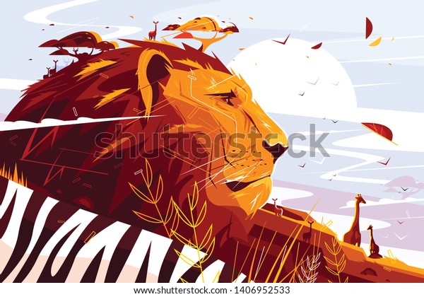 Majestic lion on safari wall painting. King of beasts lying and giraffes walking flat style concept. Wild picturesque savannah landscape on wallpaper..