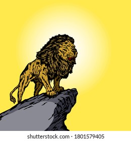A majestic lion perched on top of a rocky cliff. Vector illustration.
