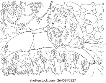 Majestic lion relaxes in nature - detailed line art illustration for coloring books, educational projects, or design.
