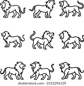 Majestic Lion Roaring Line Art Vector Set, Roaring Wildlife Illustrations