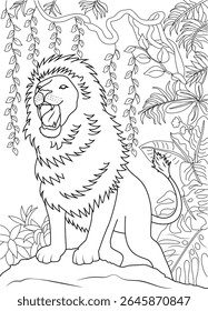 Majestic Lion Roaring on a Rock in Dense Jungle Environment - Black and White Line Art Illustration Perfect for Coloring Pages, Books, and Nature-Themed Designs, Depicting Strength and Wildness