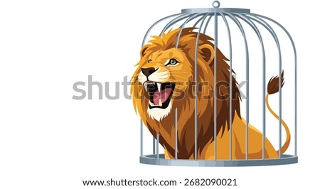 A majestic lion roars loudly while trapped inside a round metal cage.