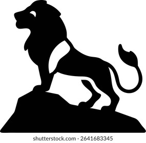 Majestic lion silhouette standing proudly on a rock. Perfect for strength, leadership, or wildlife-themed graphic design uses.


