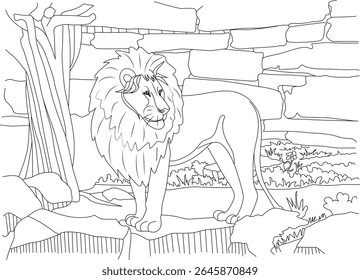 Majestic Lion Standing on Rocks Line Art Illustration. Detailed Outline Drawing of a Wild Cat in its Natural Habitat, Perfect for Coloring Pages and Educational Materials.