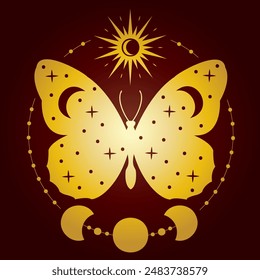 Majestic Lunar Pollinator Artistry. Tarot Card Back. Western Esotericism. Celestial Symphony. Radiant Butterfly Wings with Sun and Moon. Ethereal Beauty.