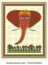 Majestic Madhubani Elephant with Floral Motif. Madhubani art, Mithila painting, Indian folk art, Traditional Indian art.