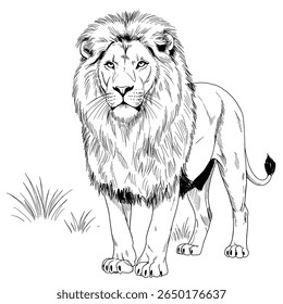 Majestic male lion in tall grass,dramatic and powerful scene, suitable for wildlife blogs, safari advertisements, or nature magazines.