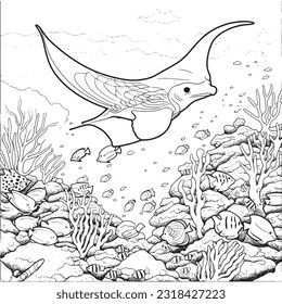 Majestic Manta Ray, Magical coloring book with fairy tale animals. Color enchanting creatures like Griffins , Phoenix, Dragon and mermaids. Let your imagination roam.