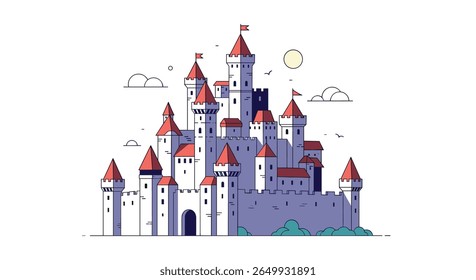 Majestic medieval castle towering over a lush green hill under a bright sunny sky