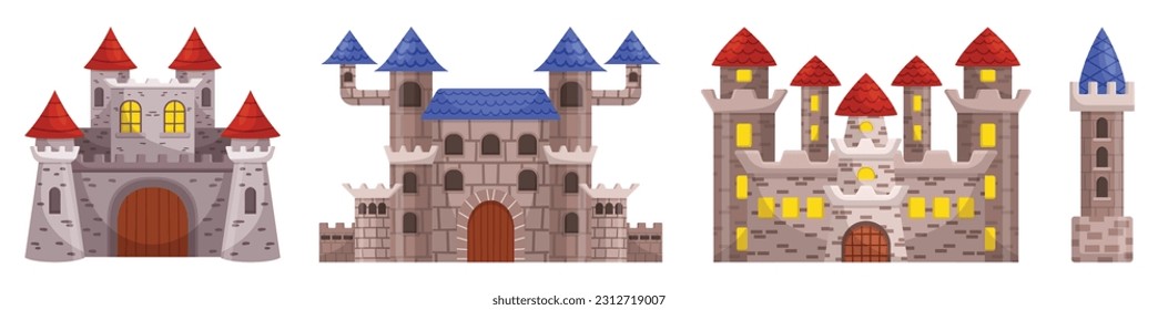 Majestic Medieval Castles With Towering Architecture, Fortified Walls, And Grandeur. Symbol Of Power, Strength, And Rich History, Evoking A Sense Of Wonder And Enchantment. Cartoon Vector Illustration