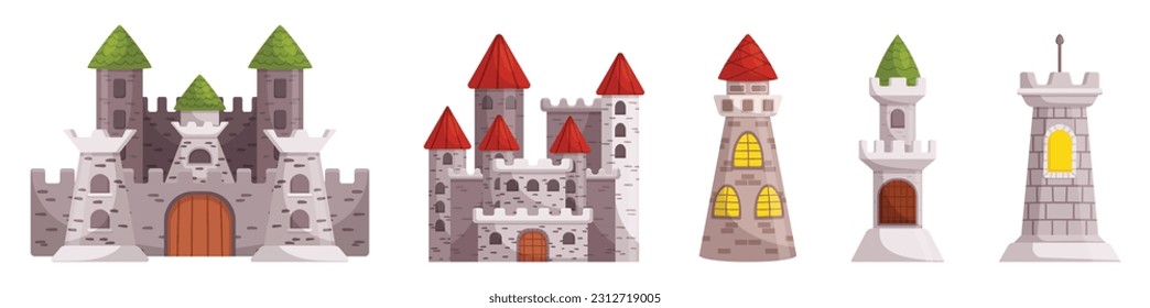 Majestic Medieval Castles With Towering Structures, Evoking A Sense Of Grandeur And Strength. Ancient Citadels Imposing Walls, Fortified Towers, And Intricate Architecture. Cartoon Vector Illustration svg