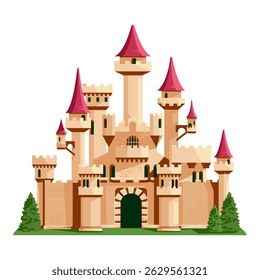 Majestic medieval fantasy castle with red pointed towers, cartoon style, isolated on white background. Concept of fairy tale architecture. Vector illustration