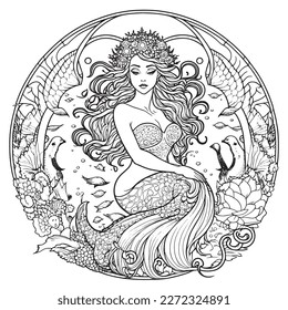 A majestic Mermaid illustration in a stylish composition. Adult coloring book pages made freehand with doodle and Zentangle elements., Vector  illustration