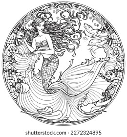 Eine majestätische Mermaid-Illustration in einem stilvollen Komposition. Farbbuchseiten für Erwachsene aus Freehand mit Doppel- und Zentangle-Elementen, Vektorgrafik