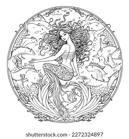 A majestic Mermaid illustration in a stylish composition. Adult coloring book pages made freehand with doodle and Zentangle elements., Vector  illustration