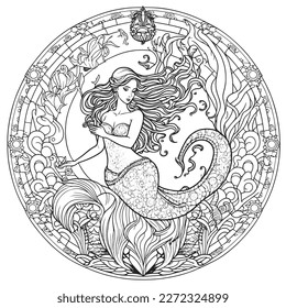 Eine majestätische Mermaid-Illustration in einem stilvollen Komposition. Farbbuchseiten für Erwachsene aus Freehand mit Doppel- und Zentangle-Elementen, Vektorgrafik