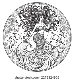 Una majestuosa ilustración de Sirena en una composición elegante. Páginas de libros de coloreo para adultos realizadas a mano libre con doodle y elementos Zentangle., Ilustración vectorial