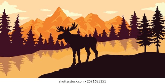 A majestic moose stands on a rocky outcrop silhouetted against a vibrant sunset over mountain peaks. Surrounding pine trees reflect on the calm lake below creating a serene atmosphere.