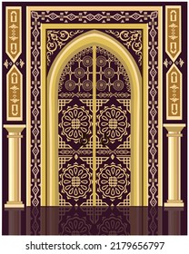 Majestic Moroccan temple golden door decorated with stone carving columns Vector