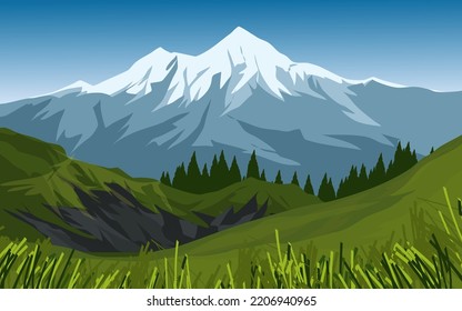 Majestic mountain landscape with snow, pine forest and grass. Vector mountain panorama illustration