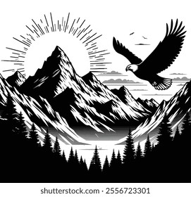 Majestic Mountain Landscape with Soaring Eagle in Black and White