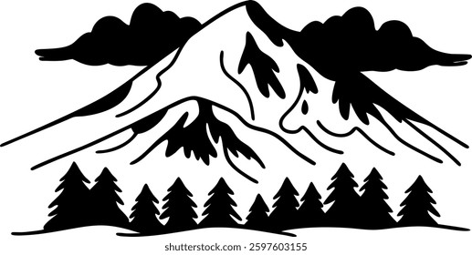 Majestic mountain landscape with trees and clouds in monochrome illustration.