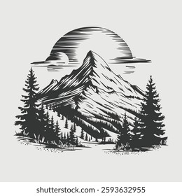 Majestic Mountain Peak with Forest and Sun Illustration.