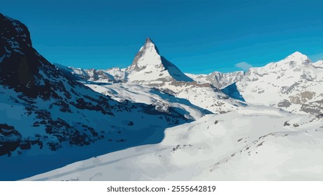 a majestic mountain peak with a sharp, triangular shape. It's covered in snow and surrounded by other snow-capped mountains and The sky is a clear blue.