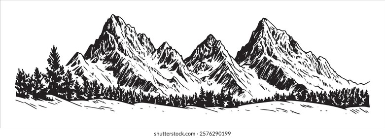 majestic mountain peaks with dense forest hand-drawn black ink illustration