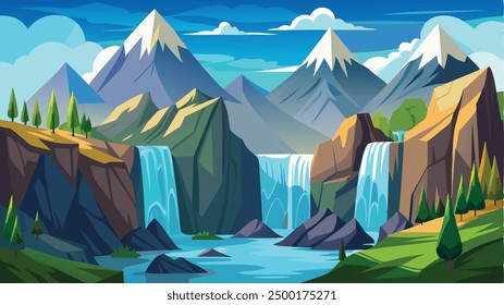 Majestuosa cordillera con cascadas, paisaje