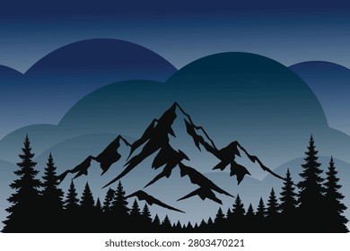 Majestic mountain range with evergreen forest under a gradient sky