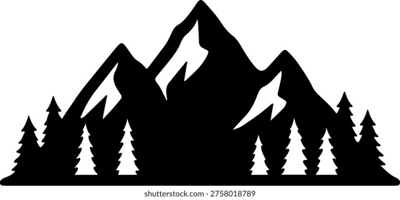 Majestic mountain range with forest silhouettes against a plain background