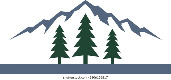 Majestic mountain range with green pine trees and a serene landscape in the foreground