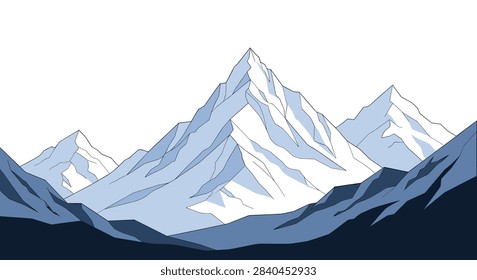 Majestic mountain range with high snow-capped peaks and deep blue shadows under a clear white sky represents the beauty of high-altitude nature.