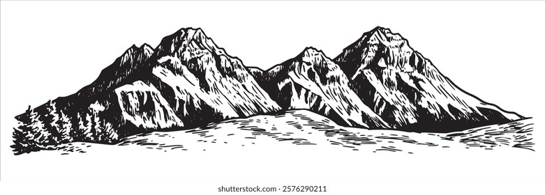 majestic mountain range landscape hand-drawn black and white illustration