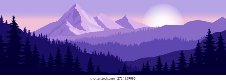 Cordillera majestuosa con pinos en silueta, estilo gráfico plano, fondo de cielo degradado colorido, concepto de naturaleza salvaje tranquila. Ilustración vectorial